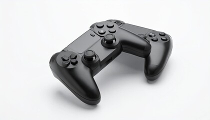 Two black video game controllers on a white background