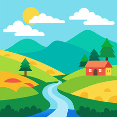 Obraz premium Rural summer realistic landscape with river, mountains vector natural background.