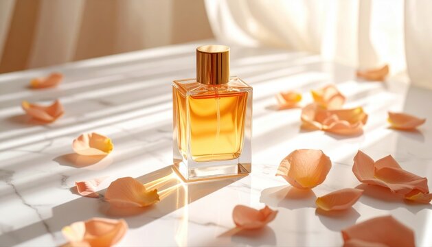 an elegant square glass perfume bottle filled with a light golden fragrance, placed on a polished marble surface. 