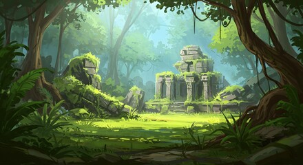Ancient Jungle Temple Ruins overgrown with Moss and Vines