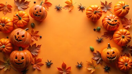 Whimsical halloween scene with a giant pumpkin friendly ghost black cat and jack o lanterns