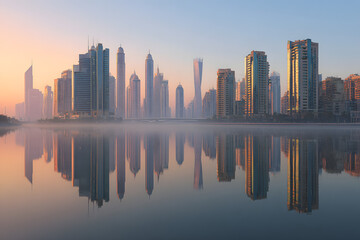 Modern Reflective Skyscrapers in Corporate Business District at Sunset Futuristic Glass Architecture with Urban Skyline Reflections