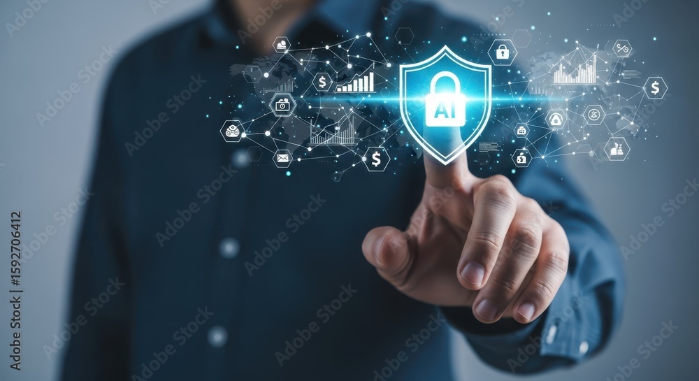 Aufkleber photo of a persons finger touches a glowing shield icon with an ai symbol and a padlock, representin