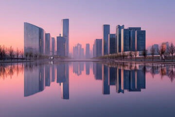 Modern Reflective Skyscrapers in Corporate Business District at Sunset Futuristic Glass Architecture with Urban Skyline Reflections