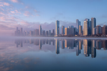 Modern Reflective Skyscrapers in Corporate Business District at Sunset Futuristic Glass Architecture with Urban Skyline Reflections
