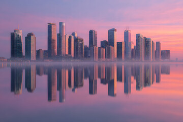 Modern Reflective Skyscrapers in Corporate Business District at Sunset Futuristic Glass Architecture with Urban Skyline Reflections