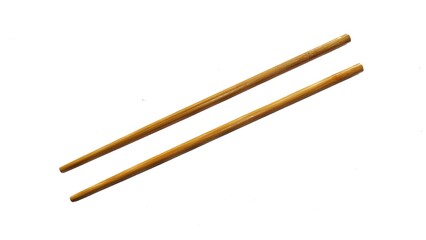 A pair of wooden chopsticks placed on a white background. Two wooden chopsticks made of wood. Wooden chopsticks are tools for eating. Wooden chopsticks. Viewed from above.