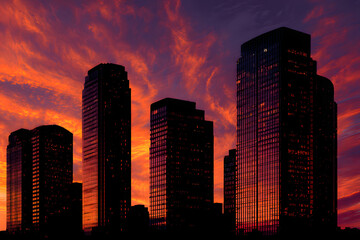 Cityscape Silhouette at Sunset: The towering skyscrapers stand in silhouette against the vibrant hues of a sunset sky. An awe-inspiring image of urban architecture bathed in the warm glow of twilight.