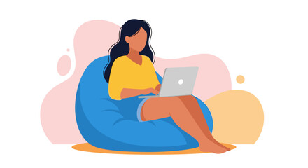 Woman working on laptop from beanbag chair, perfect for website banners or blog posts about remote work.