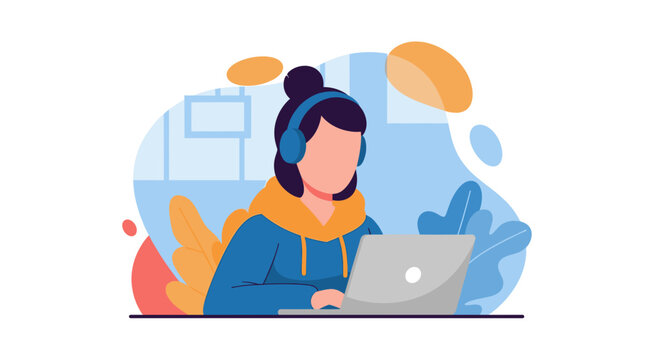 Young woman working on laptop with headphones, perfect for website banners or blog posts about remote work.
