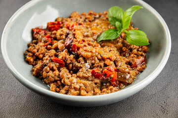 Lentil dish vegetables and roasted peppers savory vegetable fresh vegetarian and vegan food gourmet food background on the table rustic food top view copy space keto and paleo diet