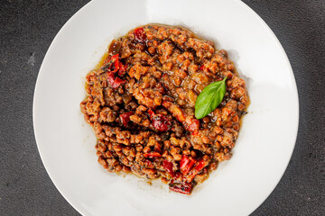 Lentil dish vegetables and roasted peppers savory vegetable fresh vegetarian and vegan food gourmet food background on the table rustic food top view copy space keto and paleo diet