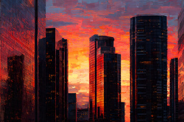 Cityscape Sunset: A vibrant cityscape silhouetted against the fiery hues of a sunset, evoking a sense of awe and wonder, is painted in bold, expressive brushstrokes.