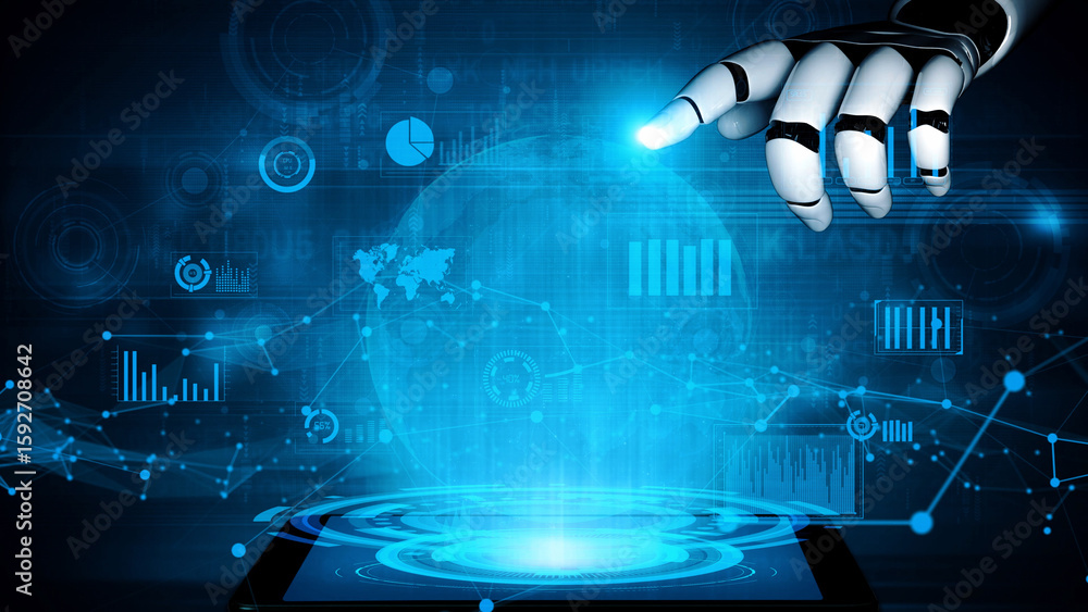 Aufkleber a futuristic robot hand interacts with a glowing hologram, showcasing data analytics and global conn
