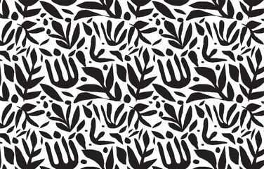  Seamless abstract floral pattern with bold black shapes on a clean white background. Ideal for modern textiles, wrapping paper, wall art, and stylish decorative projects.