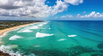 Vibrant turquoise ocean meets the sandy shore under a partly cloudy sky, aerial panoramic