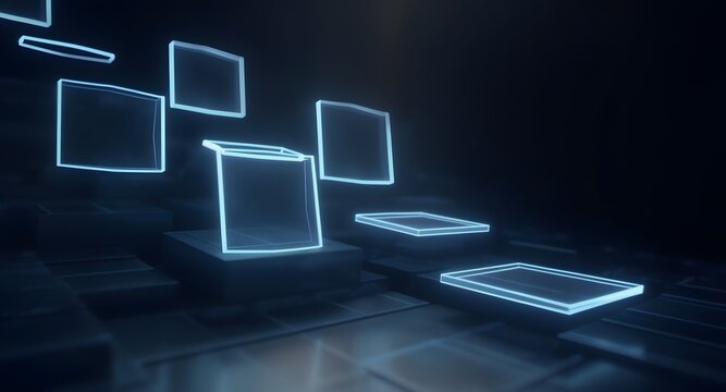 Futuristic digital cubes with glowing neon blue outlines arranged in a dark abstract environment. Soft lighting illuminates the scene creating a modern technological aesthetic. - Powered by Adobe