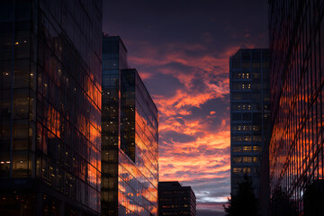 Sunset City Skyline: High-rise buildings reflecting the fiery hues of the setting sun, painting a stunning cityscape with modern architecture. 
