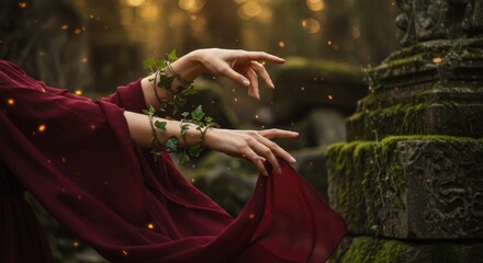 priestess performing ritual in forest, druid, hands close-up