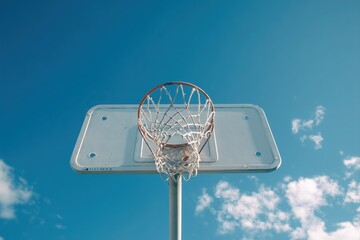 Basketball hoop with a white backboard against a blue sky background, minimalist style.