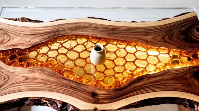Stylish honey-themed table made of glass and epoxy resin. Amber tones and hexagonal patterns create a modern, elegant design inspired by nature and beehive aesthetics.