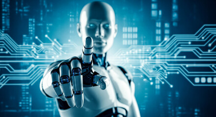 A robot extending its arm and pointing a finger. Artificial intelligence interacting with virtual screen. Advanced technology and digital control.