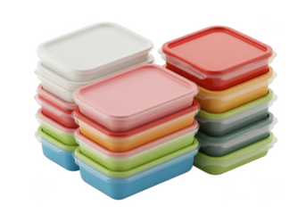 Colorful stack of food storage containers on white background  