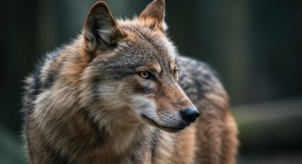 A contemplative wolf gazes into the distance, its amber eyes reflecting the surrounding woodlands.