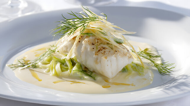 Elegant Filet de Sandre au Riesling with Poireaux Garnish on Delicate Cream Sauce