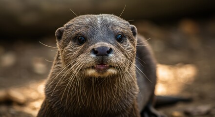 A curious otter gazes directly into the camera with endearing and slightly wet fur details.