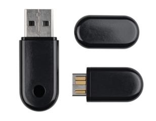  Black USB Stick with Cap Removed, Top-Down Composition, Flat Lay PNG