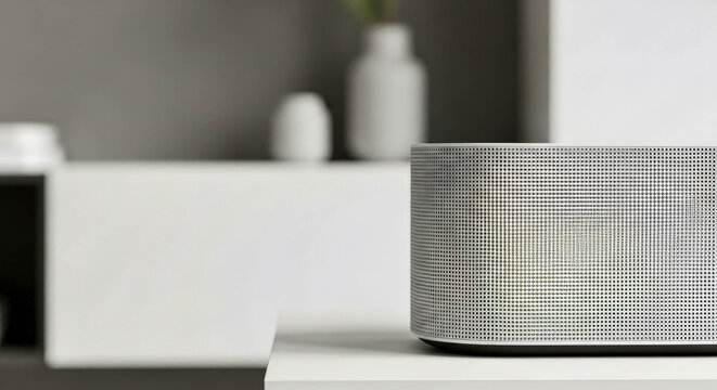Close up of a modern smart speaker with a metal grille on a white surface in a minimalist interior.
