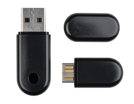  Black USB Stick with Cap Removed, Top-Down Composition, Flat Lay PNG