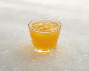 A chilled glass of orange juice atop ice, with droplets of moisture on the surface, emphasizing its coolness.

