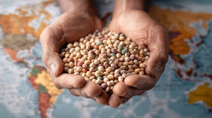 Hands holding seeds agriculture farming global food security sustainable agriculture world map background