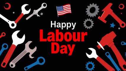 Dynamic 'Happy Labor Day' banner on a black background, featuring an American flag, various tools, and gears, celebrating the workforce.