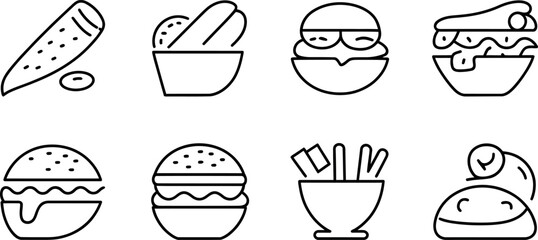 Vector food icons:  cute line art burger, fries, and more.