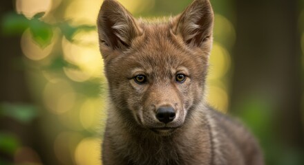 A portrait of a charming wolf pup gazes directly at the camera amidst soft, blurred foliage.
