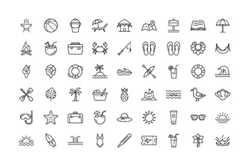 Summer Vacation Icon Set Beach Travel and Relaxation Line Art