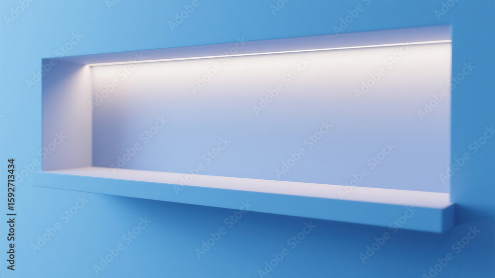 Poster a minimalist blue wall with a built in shelf illuminated by a hidden light fixture above it