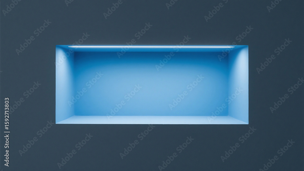 Poster illuminated blue rectangular niche in a dark gray wall creating a modern minimalist design look