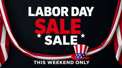 Eye-catching Labor Day Sale announcement, featuring bold red and white text on a dark background, framed by patriotic ribbons and an Uncle Sam hat.