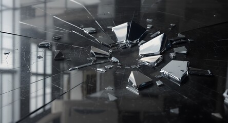 Generic reflective surface with sharp fragments radiating outwards in a dark environment. Fragments create a dynamic and chaotic composition with shiny details