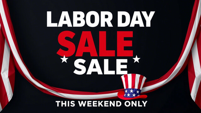 Eye-catching Labor Day Sale announcement, featuring bold red and white text on a dark background, framed by patriotic ribbons and an Uncle Sam hat.