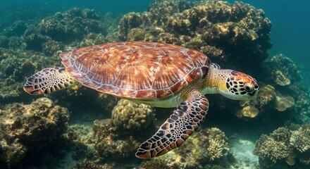 A serene sea turtle gracefully glides through turquoise waters near a vibrant coral reef ecosystem.