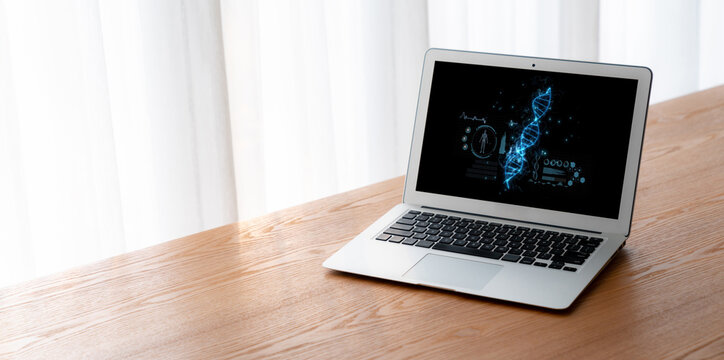 Medical science technology and futuristic healthcare virtual computer software analyze human health and diagnose disease for doctor data and medical research. brisk