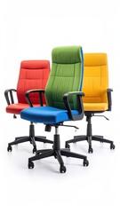 Three colorful office chairs