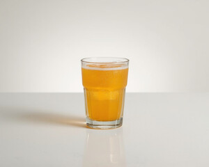 A glass of Orange juice resting on a wooden table, showcasing its golden color and frothy head.