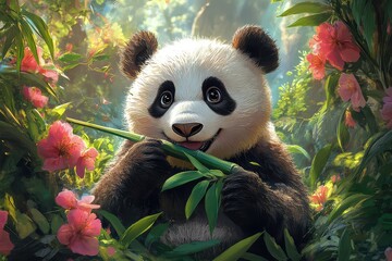 Obraz premium A cheerful panda munching on bamboo, surrounded by lush greenery and colorful flowers