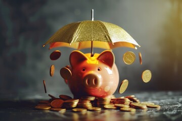 A pink piggy bank sits under a shiny golden umbrella, symbolizing financial savings, wealth protection, and secure investment in a conceptual money safety theme